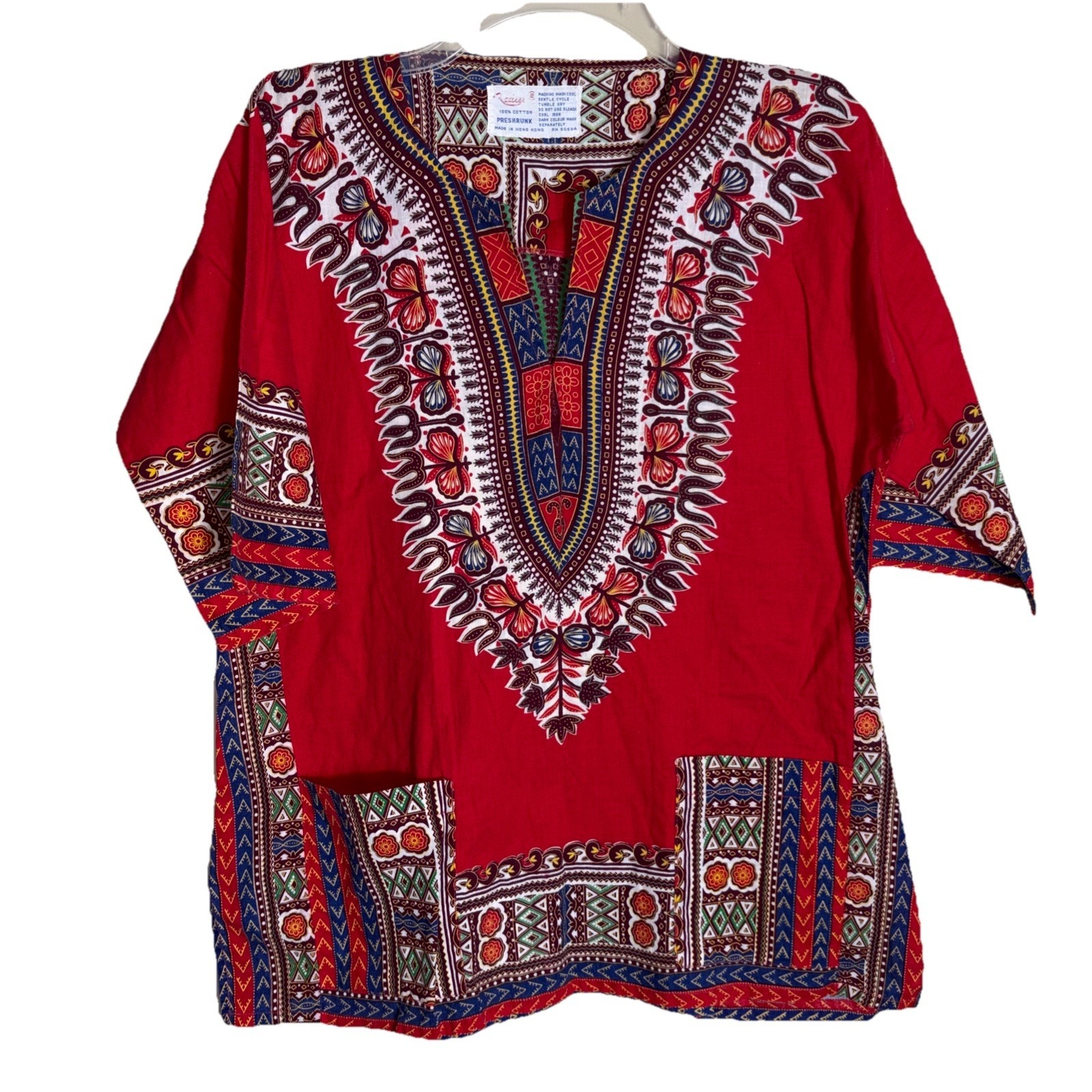 Vintage 1970's Radlee Traditional African Dashiki Shirt Red Tribal Print Tunic S